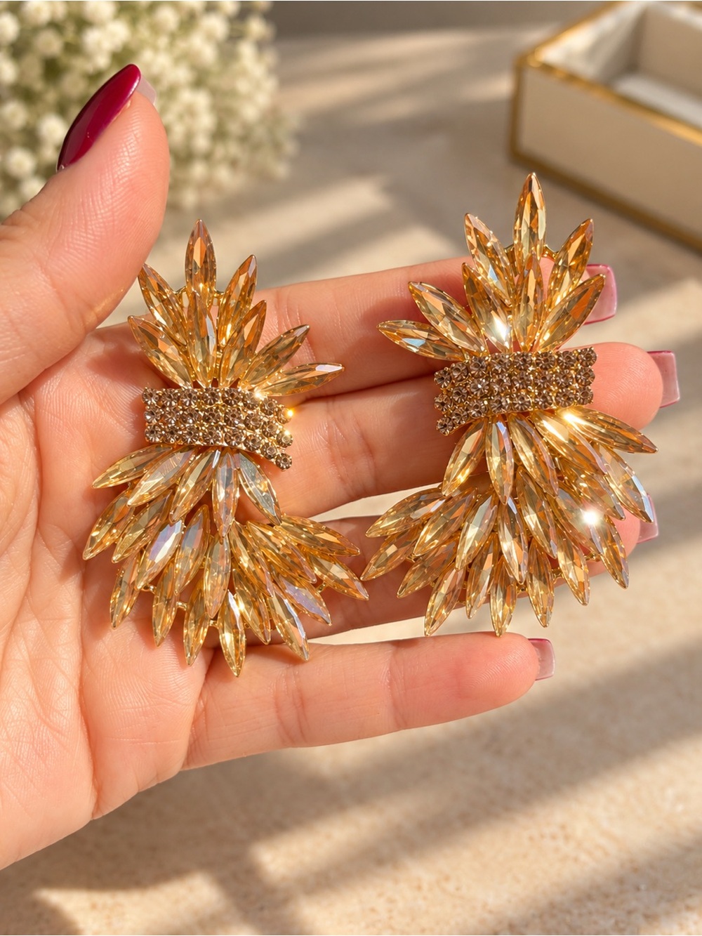Golden Crystal Fan Drop Earrings